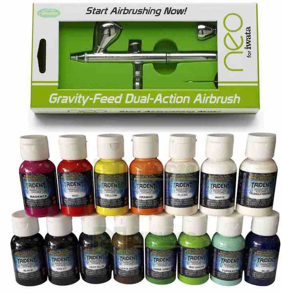 NEO FOR IWATA CN 0 35MM DUAL ACTION GRAVITY FEED AIRBRUSH PLUS YOUR CHOICE OF TWO AIRBRUSH PAINTS